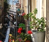 Imatge d'un balcó amb flors a la ciutat.